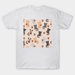 Cats and Coffee Pattern Brown T-Shirt